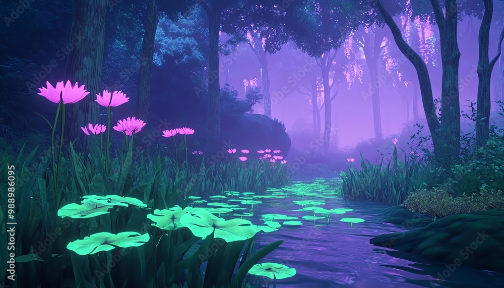 Fototapeta premium Serene waterway with glowing lilies in a mystical forest.