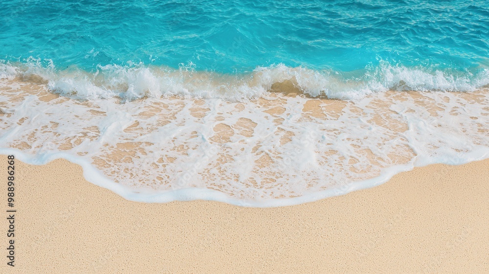 An overhead view capturing the beauty of a sandy beach, where soft waves kiss the shoreline against a backdrop of deep blue ocean waters, perfect for a summer getaway banner with room for messaging An overhead view capturing the beauty of a sandy beach, where soft waves kiss the shoreline against a backdrop of deep blue ocean waters, perfect for a summer getaway banner with room for messaging