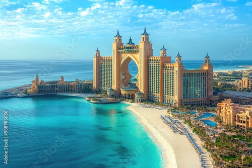 The luxurious atlantis the palm hotel dominating dubai skyline on sunny day photo