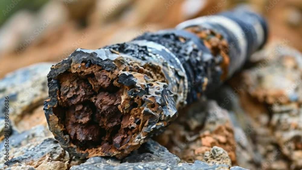 A close-up of a rusty, corroded metal pipe surrounded by rocks. A close-up of a rusty, corroded metal pipe surrounded by rocks.