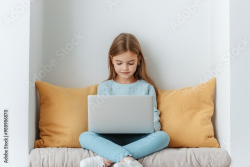 A young girl focused on her laptop, sitting comfortably on a cozy sofa with yellow pillows.