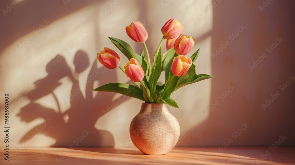A small bouquet of tulips in pastel colors, displayed in a simple vase, casting a subtle shadow A small bouquet of tulips in pastel colors, displayed in a simple vase, casting a subtle shadow