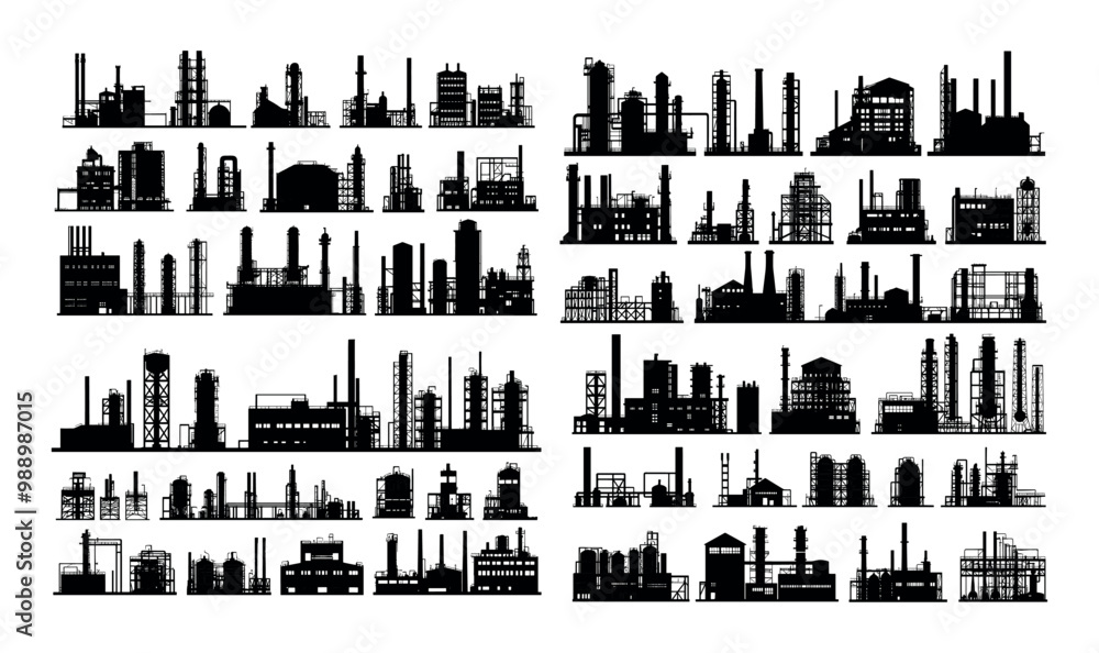Obraz premium Factories silhouettes black ink vector set. Pipes industrial structures buildings assembly energy stations manufacturing construction production power plants, chemical heavy facilities isolated icons