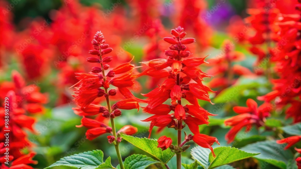 Blooming scarlet sage Salvia splendens vista red in garden closeup Blooming scarlet sage Salvia splendens vista red in garden closeup