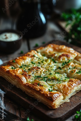  Flamiche: A puff pastry tart filled with leeks and cream, originating from Northern France. photo