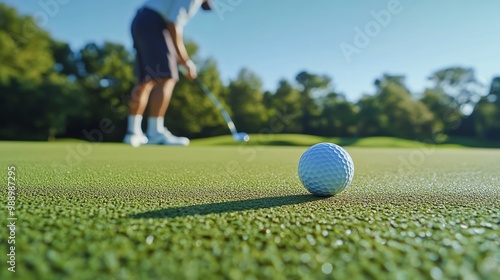 A golfer prepares to putt a golf ball on a green.