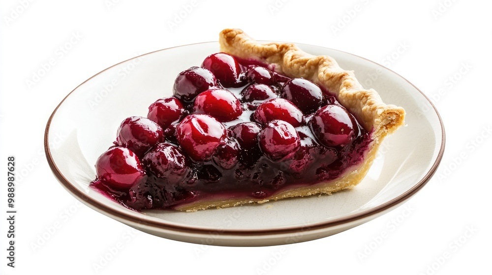 A freshly baked slice of cherry pie on a ceramic plate, with vibrant red cherries and flaky pastry, presented against a white background. A freshly baked slice of cherry pie on a ceramic plate, with vibrant red cherries and flaky pastry, presented against a white background.