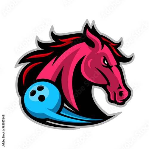 Mascot illustration of a red horse with a bowling ball and a trail effect