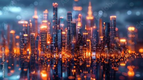 Wallpaper Mural A futuristic city skyline with glowing lights and a blurred background. The image evokes a sense of urban life and technological advancement. Torontodigital.ca