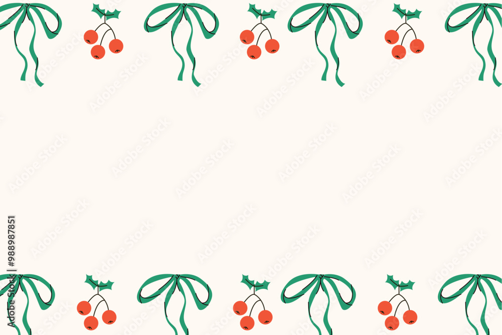 Flat vector illustration Christmas background with cranberries and bows. Holiday banner, postcard without inscription. Flat vector illustration Christmas background with cranberries and bows. Holiday banner, postcard without inscription.