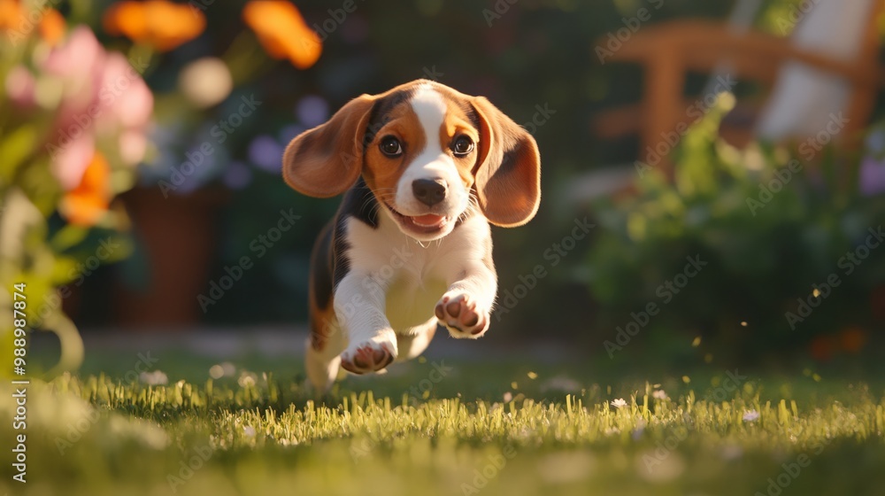 Adorable beagle puppy joyfully runs on grass in a sunny garden, showcasing happiness and playfulness in a beautiful outdoor setting. Adorable beagle puppy joyfully runs on grass in a sunny garden, showcasing happiness and playfulness in a beautiful outdoor setting.