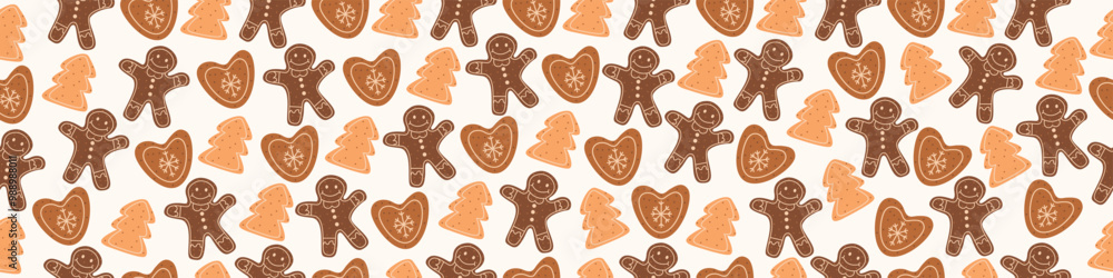 Fototapeta premium Vector seamless pattern with gingerbread cookies. Cute design for Christmas packaging, textile, wallpapers and backgrounds.