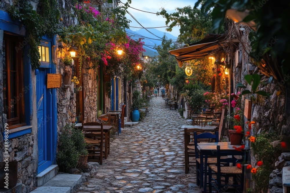 Fototapeta premium Cobblestone street with restaurants and shops at dusk in a small greek village
