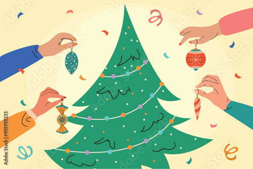 Flat vector illustration human hands decorating Christmas tree at home or office. Teamwork, corporate party. Preparation for New Year.