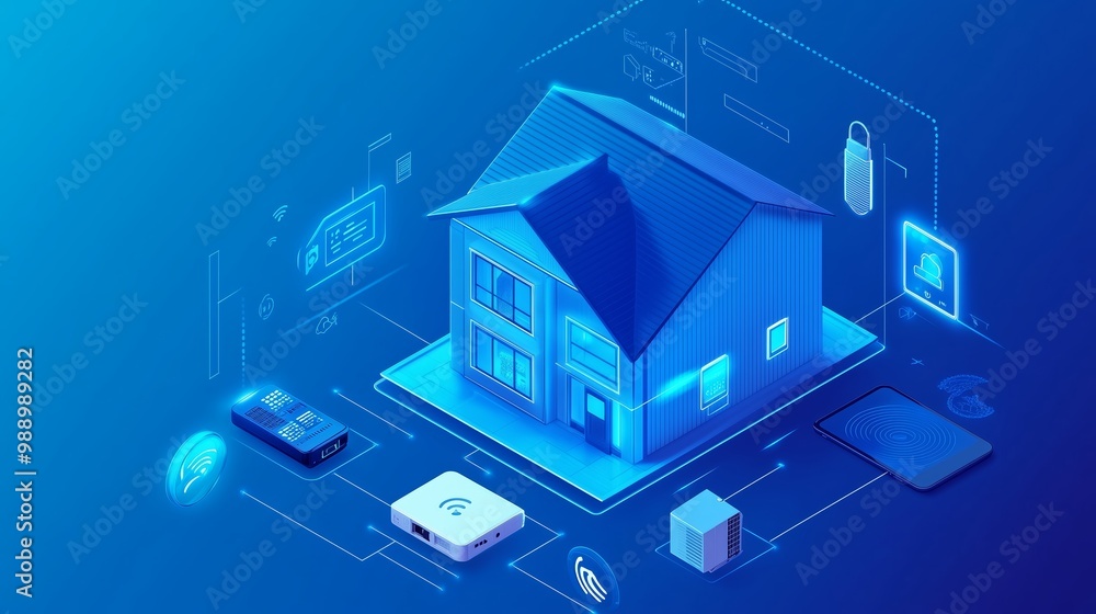 Modern smart home technology with connected devices visualized in a blue-toned digital concept showcasing automation and security