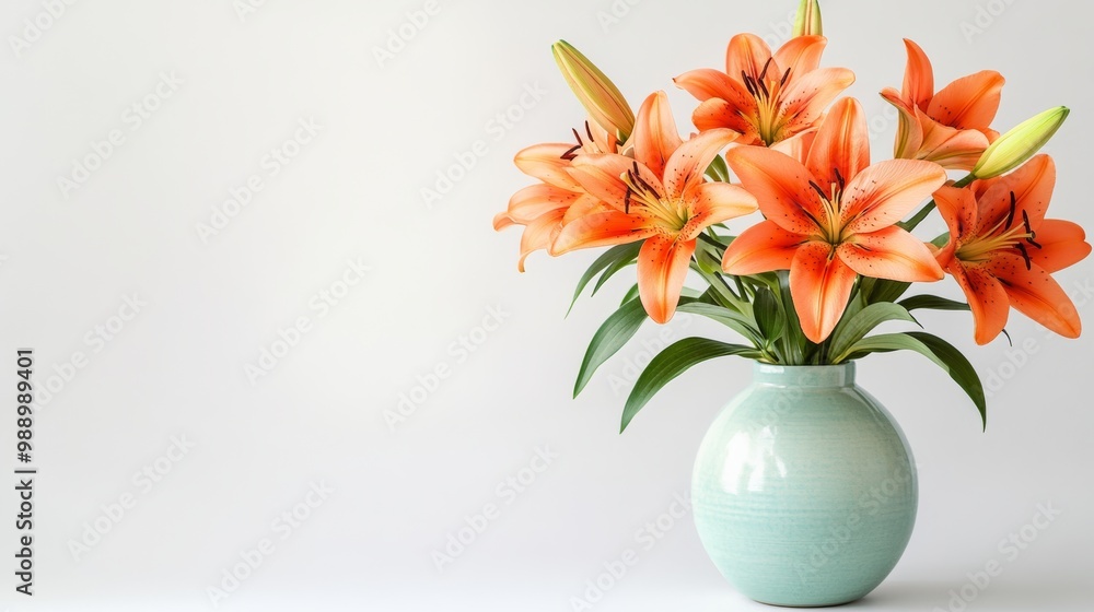 A small bouquet of orange lilies, displayed in a pastel-colored vase with a soft shadow on a white background A small bouquet of orange lilies, displayed in a pastel-colored vase with a soft shadow on a white background