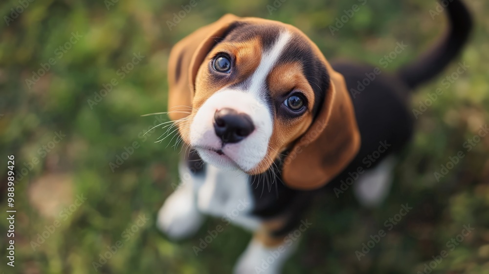 Adorable beagle puppy with big, expressive eyes looking up while sitting on green grass. Adorable beagle puppy with big, expressive eyes looking up while sitting on green grass.