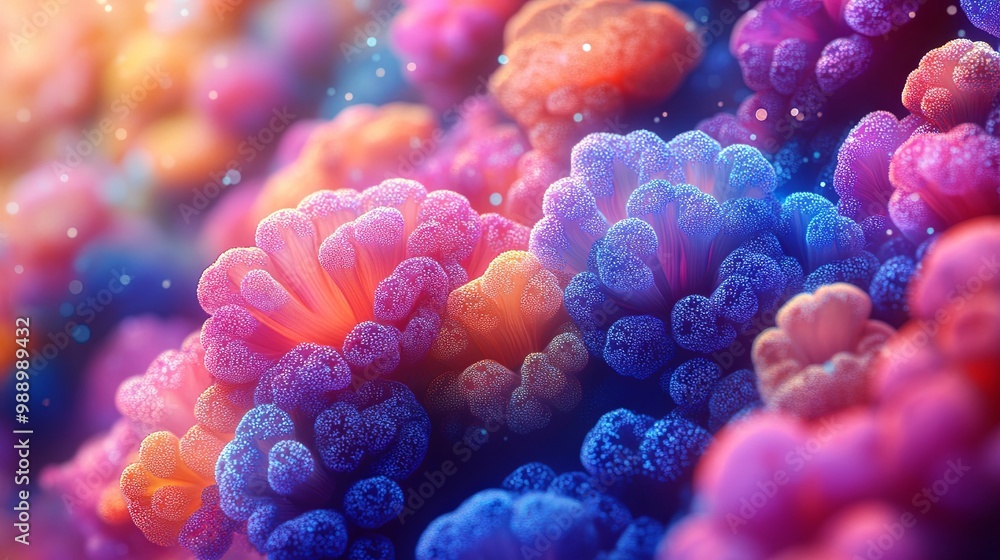 A close-up view of vibrant abstract flowers in various shades of purple, pink, and orange, with delicate, sparkling details. A close-up view of vibrant abstract flowers in various shades of purple, pink, and orange, with delicate, sparkling details.