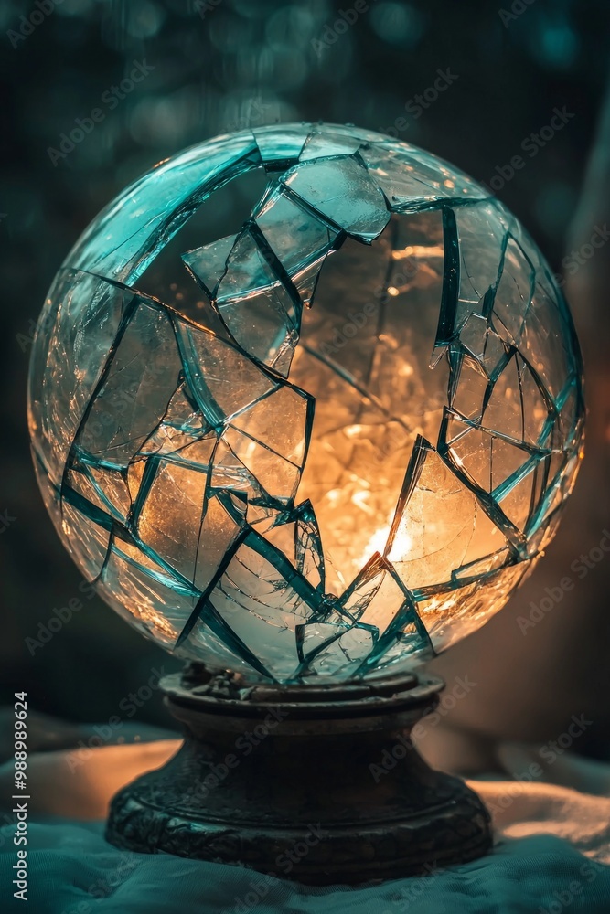 A shattered glass globe with a soft light glowing from within, representing the fragility of mental boundaries or breaking free A shattered glass globe with a soft light glowing from within, representing the fragility of mental boundaries or breaking free