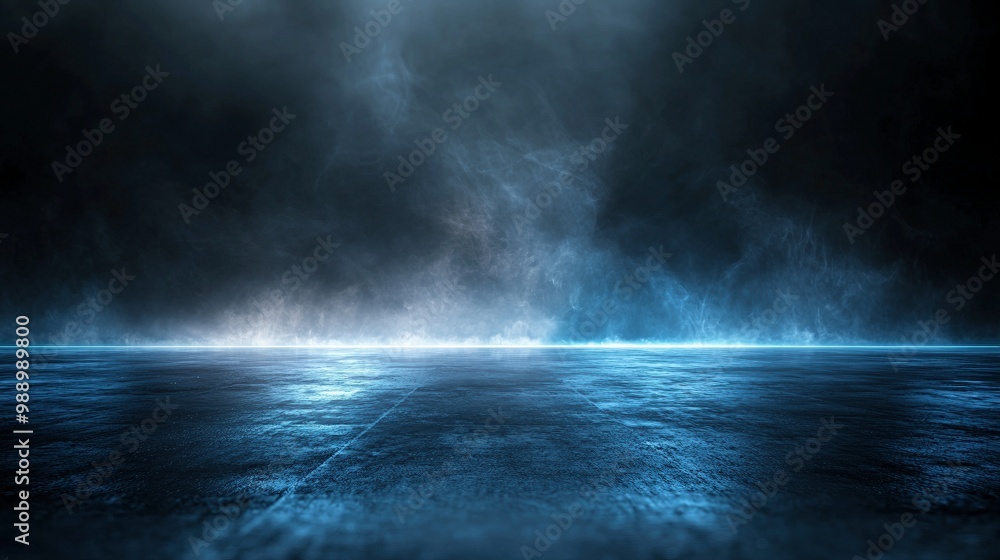 An empty dark street with wet asphalt showcases reflections of light glistening in the water, set against an abstract deep blue backdrop filled with smoke and smog An empty dark street with wet asphalt showcases reflections of light glistening in the water, set against an abstract deep blue backdrop filled with smoke and smog