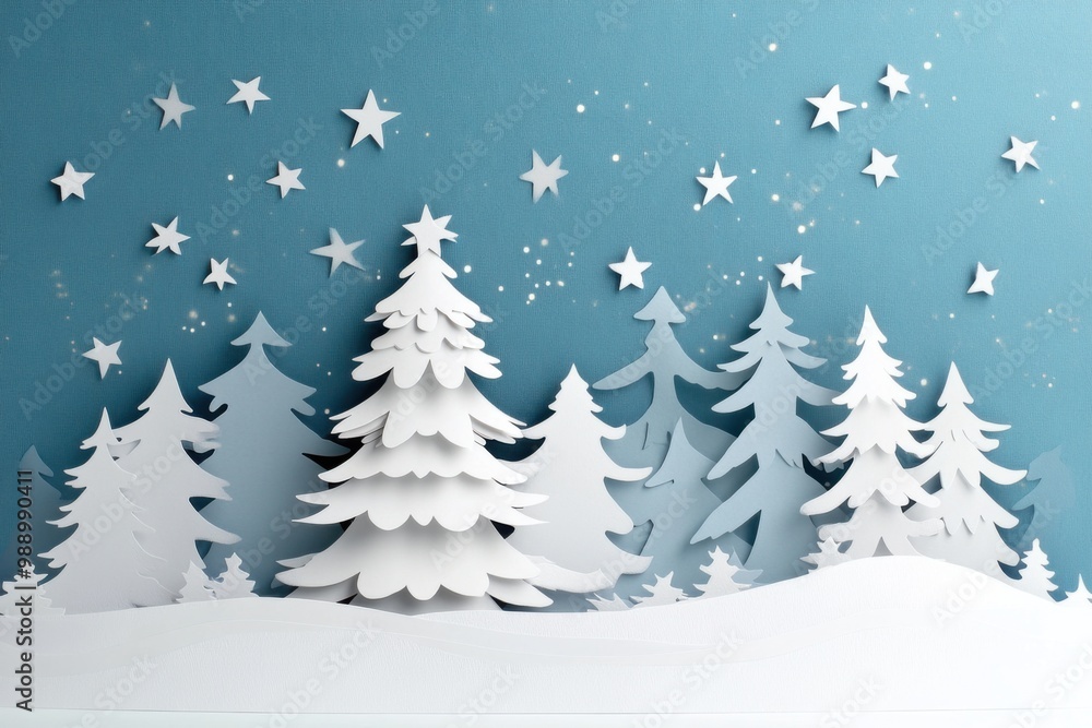 Paper Cut Winter Forest with Stars and Snowflakes Paper Cut Winter Forest with Stars and Snowflakes