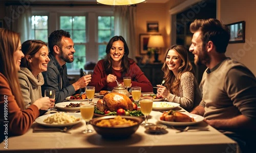 Family enjoying a Thanksgiving meal together, gathered around a table with a cozy, joyful atmosphere. Generated with AI