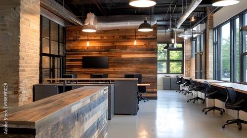 A modern office that emphasizes sustainability: reclaimed wood desks, recycled metal frames, and energy-efficient lighting fixtures. The eco-friendly aesthetic blends seamlessly with a modern design, 