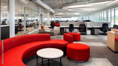 A dynamic, open office layout where employees work in a flexible, spacious environment. The use of modular furniture, movable partitions, and casual seating creates an inviting, collaborative atmosphe