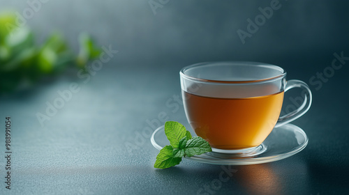 A clear glass cup filled with aromatic tea sits on saucer, accompanied by fresh mint leaves, creating serene and inviting atmosphere.