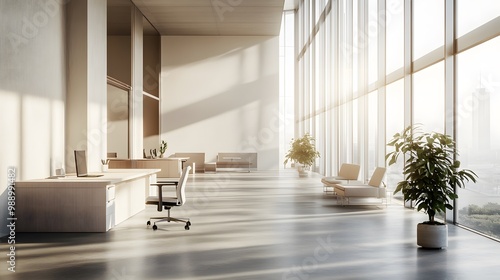 A bright, spacious office bathed in natural sunlight from large floor-to-ceiling windows, casting soft shadows across minimalist desks and seating areas. The warm glow of the sun en
