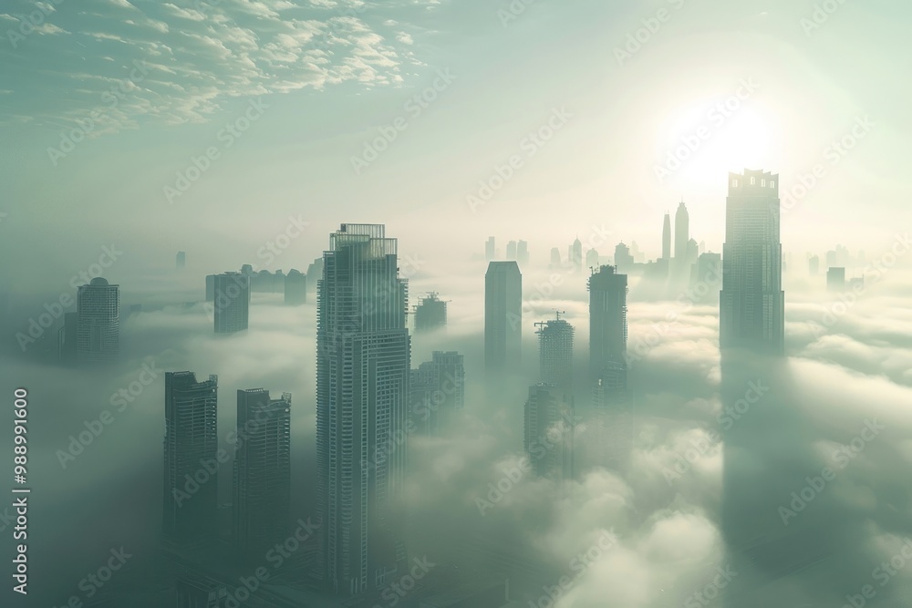 Downtown Dubai with skyscrapers building fog architecture. Downtown Dubai with skyscrapers building fog architecture.