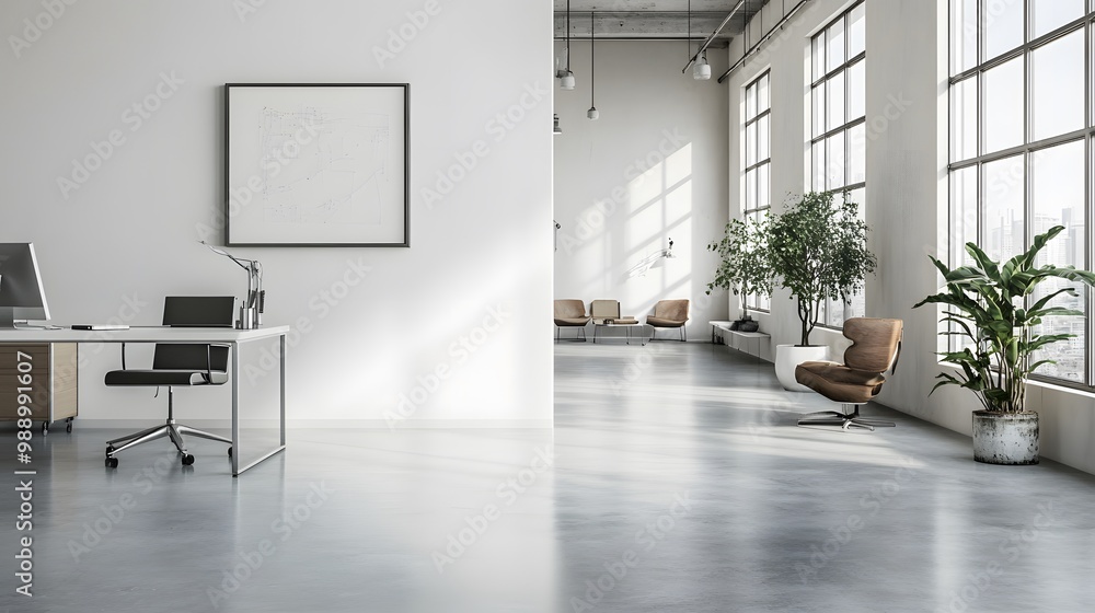 Fototapeta premium A clean, minimalist office space with sharp lines, neutral tones, and an uncluttered layout. White walls, polished concrete floors, and sleek furniture reflect simplicity and sophistication, creating 