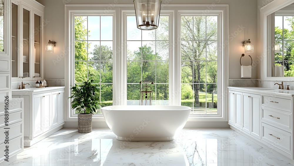 Modern bathroom with white cabinets, marble floors and a freestanding tub.