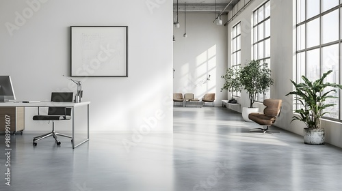 A clean, minimalist office space with sharp lines, neutral tones, and an uncluttered layout. White walls, polished concrete floors, and sleek furniture reflect simplicity and sophistication, creating 