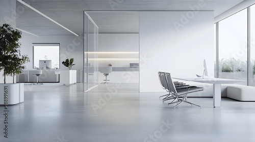 A clean, minimalist office space with sharp lines, neutral tones, and an uncluttered layout. White walls, polished concrete floors, and sleek furniture reflect simplicity and sophistication, creating 