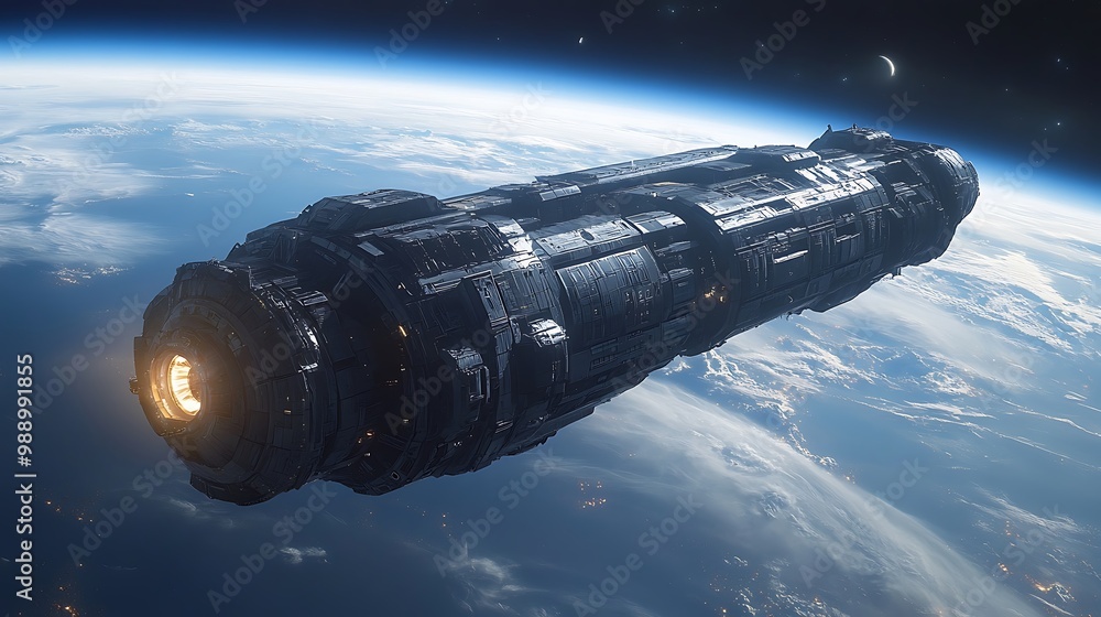 Fototapeta premium A panoramic view of a massive space station floating in the void, illuminated by the distant Sun, with Earthâ€™s horizon glowing in the distance