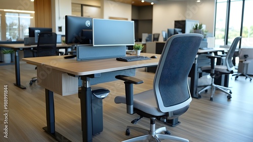 A sleek, modern office with adjustable ergonomic chairs, standing desks, and health-focused equipment, all arranged in a way that promotes comfort and productivity. Smooth lines and soft curves create