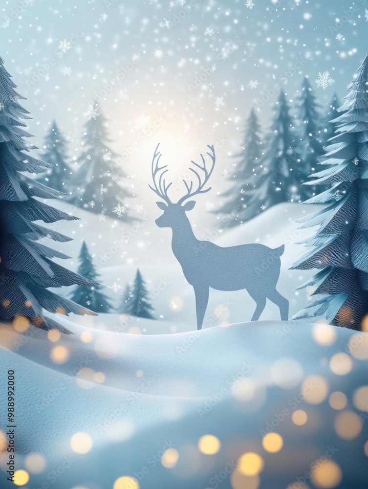 3D paper cut style reindeer in a snowy landscape, surrounded by pine trees and festive lights 3D paper cut style reindeer in a snowy landscape, surrounded by pine trees and festive lights