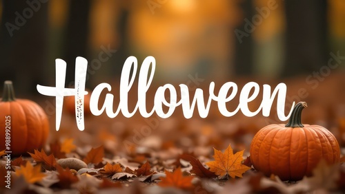 Big white handwriting thin letters “halloween” over orange leaves and pumpkins blurred background  photo