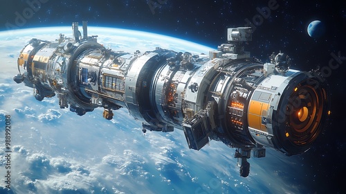 Fototapeta Naklejka Na Ścianę i Meble -  Close-up of the docking bay of a space station, showing intricate details of the structure, with the curvature of a distant planet in the background