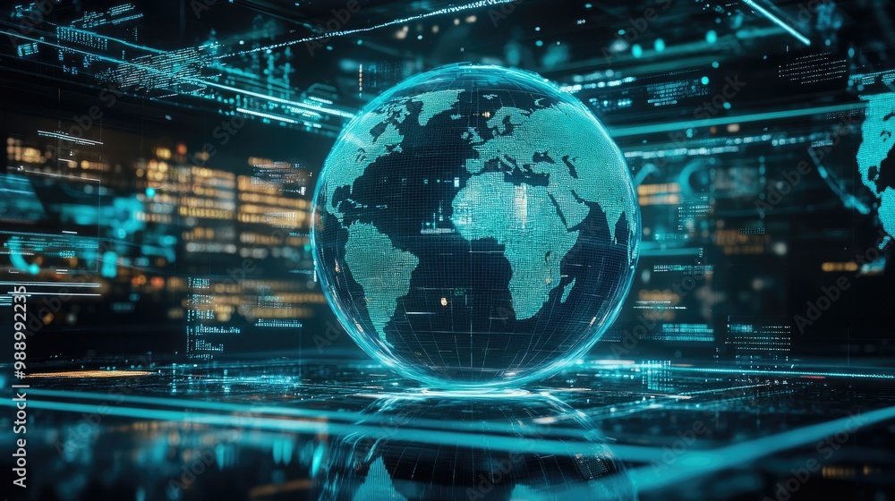 A holographic globe surrounded by AI-driven data points, showcasing the global impact and reach of artificial intelligence in technology. A holographic globe surrounded by AI-driven data points, showcasing the global impact and reach of artificial intelligence in technology.