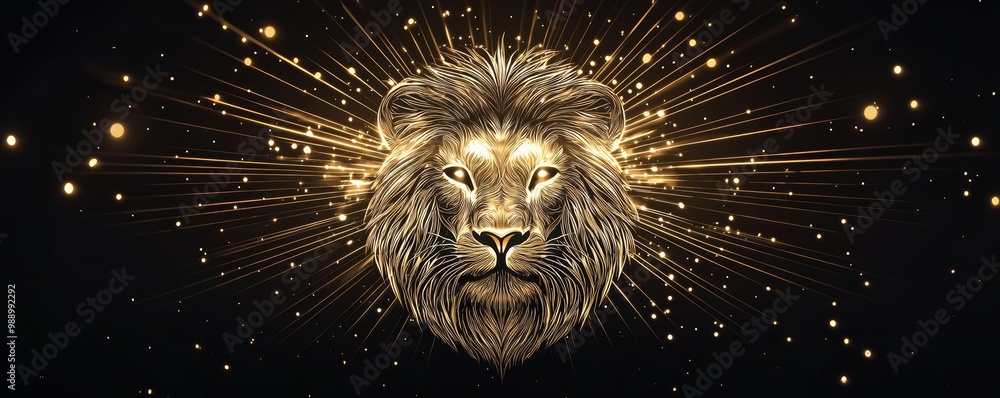 Obraz premium Celestial Lion - Leo Zodiac, A bold and intricate golden lion with celestial rays, representing the fiery and fearless Leo zodiac sign.