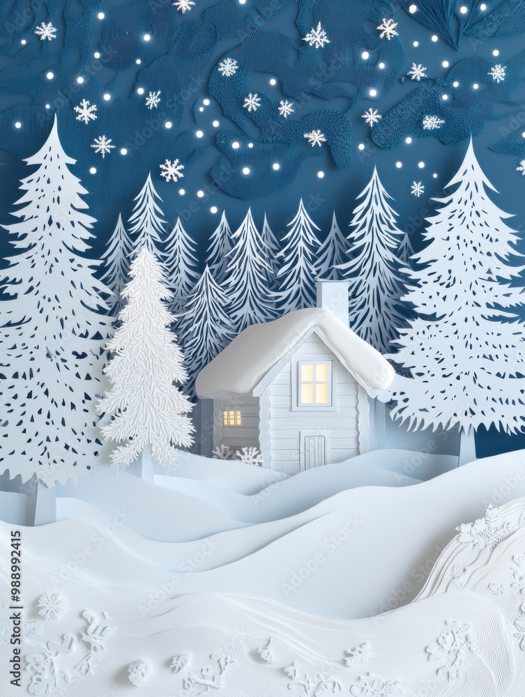 Naklejka premium Paper Cut Snowy Cottage in Winter Forest with Stars and Snowflakes