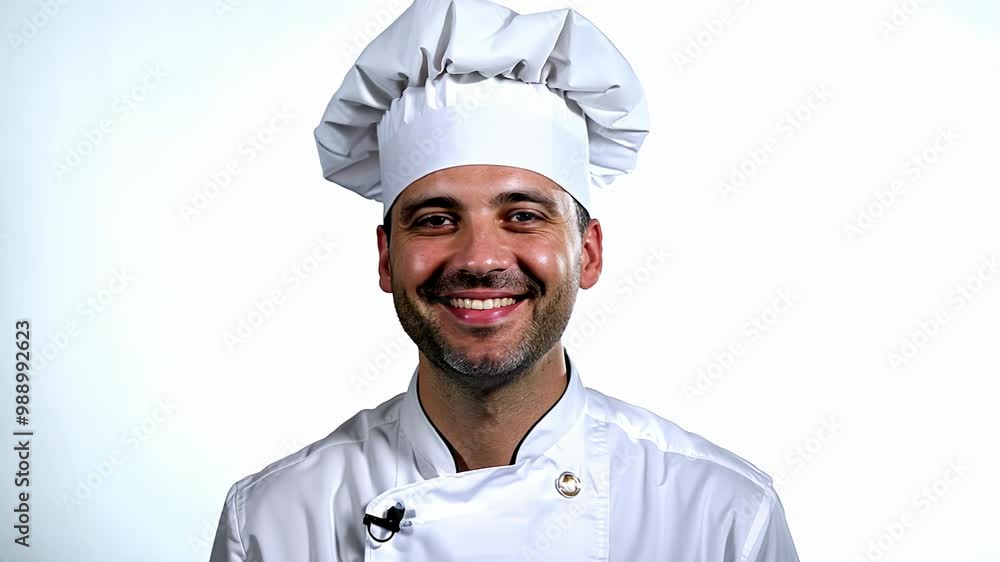 Smiling male chef in a white uniform and chef's hat, posing against a plain background. Smiling male chef in a white uniform and chef's hat, posing against a plain background.
