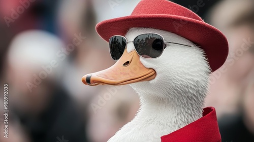 Duck's Fashion Show, A runway scene where the duck is the star model, walking confidently down the catwalk in avant-garde attire with an appreciative audience. photo