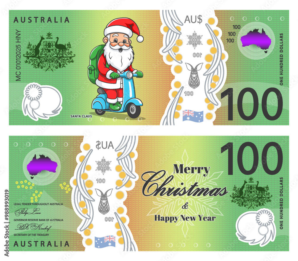Vector play holiday money. Obverse and reverse of 100 Australian dollar banknote. Certificate denomination of one hundred dollars. Merry Christmas and Happy new year. Toon Santa Claus on a scooter. Vector play holiday money. Obverse and reverse of 100 Australian dollar banknote. Certificate denomination of one hundred dollars. Merry Christmas and Happy new year. Toon Santa Claus on a scooter.