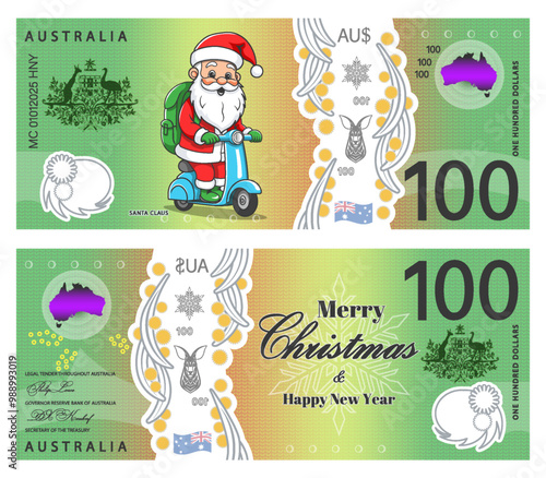 Vector play holiday money. Obverse and reverse of 100 Australian dollar banknote. Certificate denomination of one hundred dollars. Merry Christmas and Happy new year. Toon Santa Claus on a scooter.
