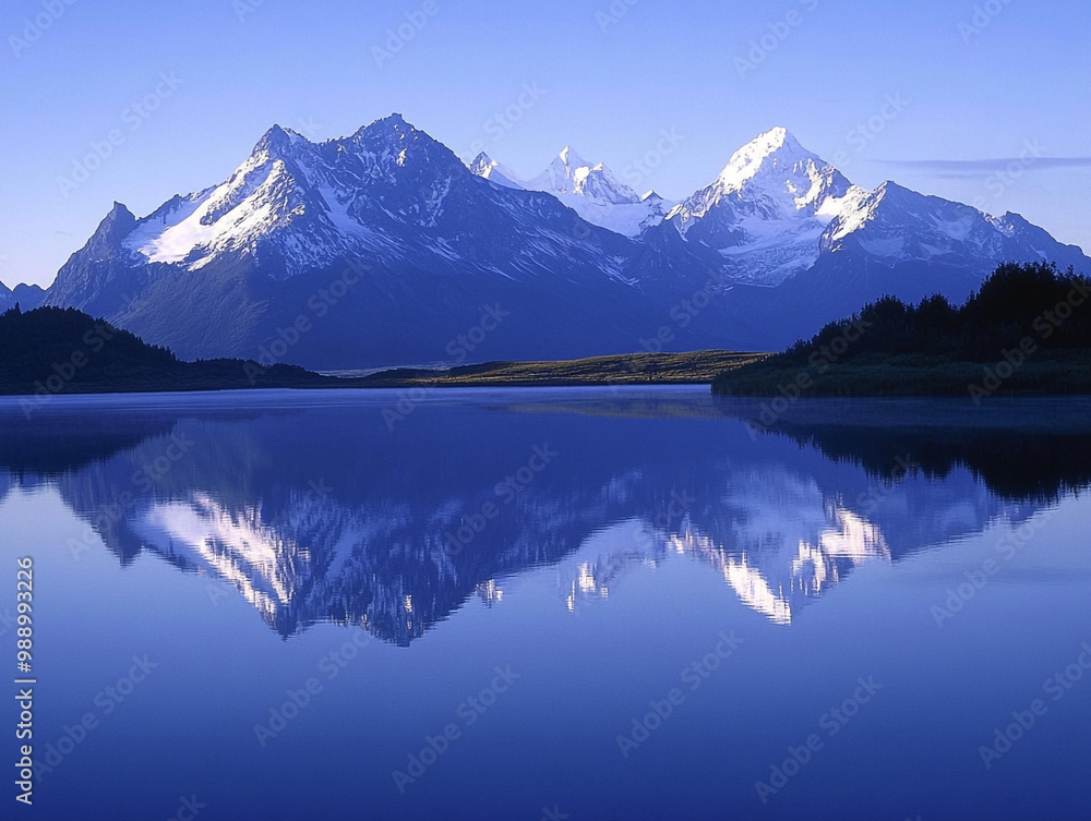 Naklejka premium A serene mountain landscape at dawn, with snow-capped peaks reflected perfectly in a still