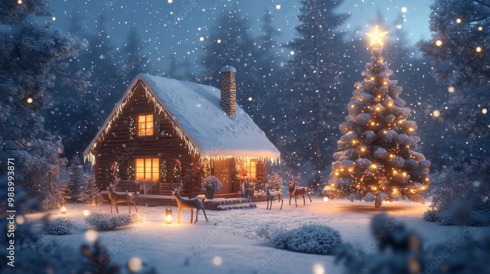 Cozy Cabin in a Snowy Winter Night with Christmas Tree Cozy Cabin in a Snowy Winter Night with Christmas Tree