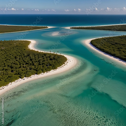 The drone captures a sweeping view of a serene coastal lagoon, where the calm azure waters gently lap against a sandy beach and dense mangrove forests 